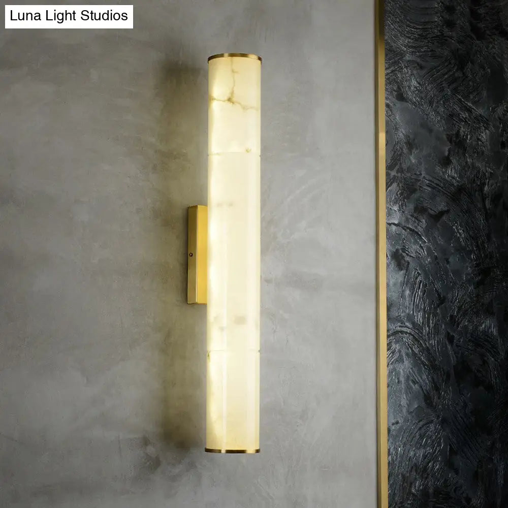 Sleek Marble Tube Led Sconce Light: Simplicity White & Brass Wall Lamp For Living Room