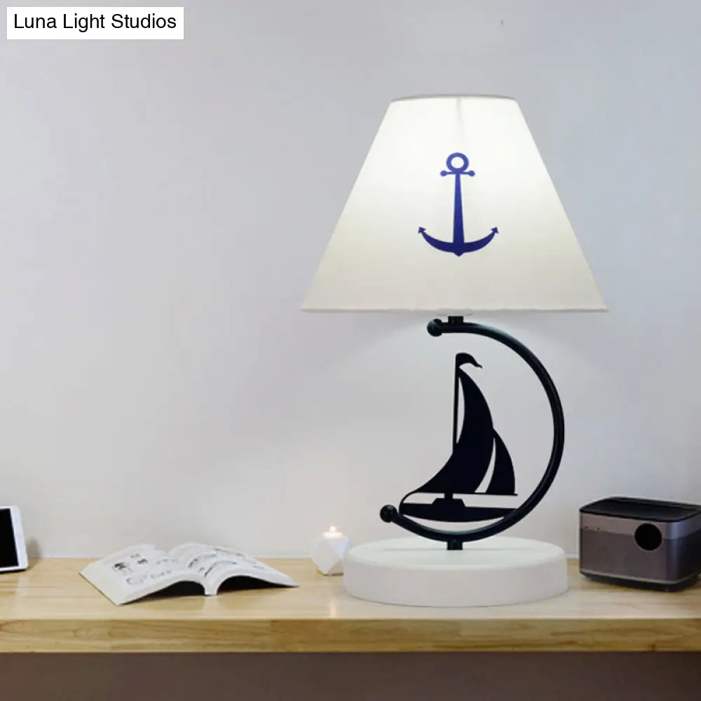 Sleek Mediterranean Metal Bedside Lamp In Black With White Fabric Shade