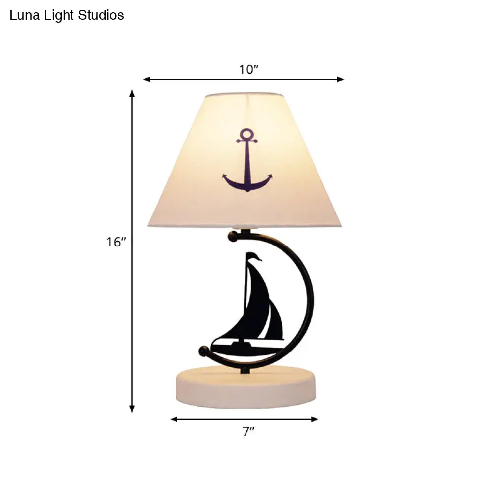 Sleek Mediterranean Metal Bedside Lamp In Black With White Fabric Shade