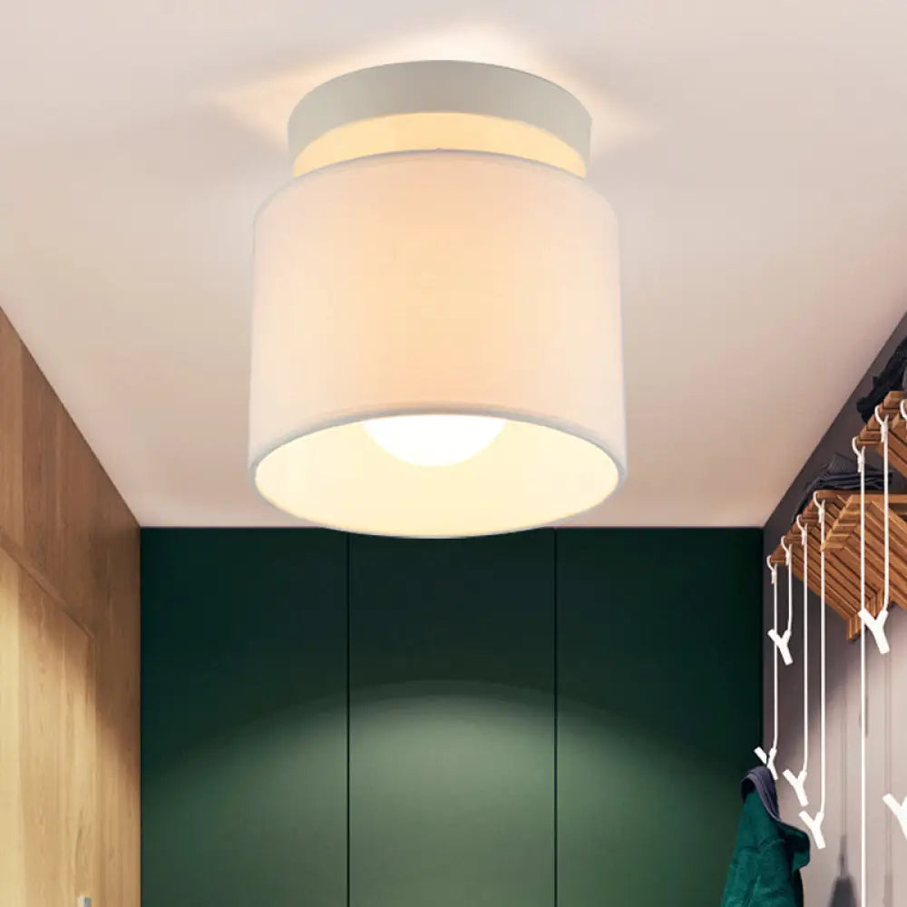 Sleek Mini Barrel Ceiling Flush Light For Foyer - Semi Mount Simplicity Fabric 1 Bulb Flaxen/White