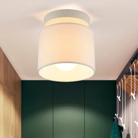 Sleek Mini Barrel Ceiling Flush Light For Foyer - Semi Mount Simplicity Fabric 1 Bulb Flaxen/White