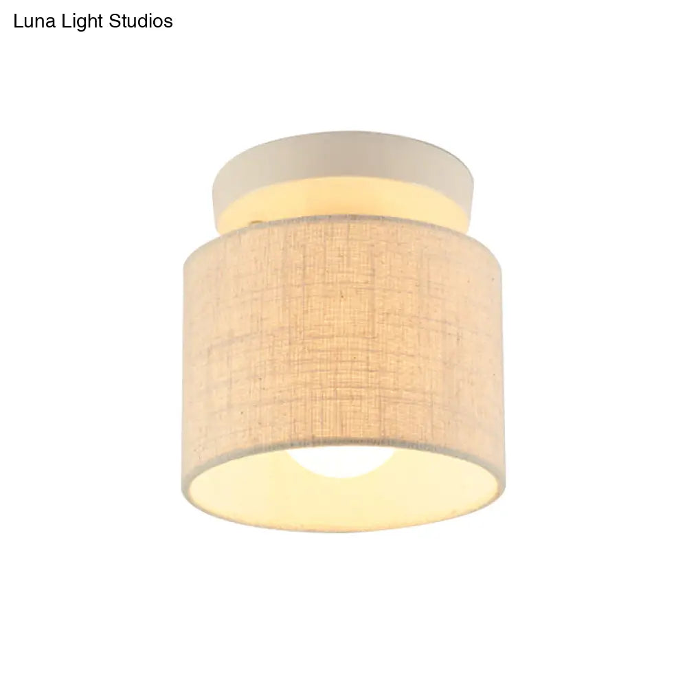 Sleek Mini Barrel Ceiling Flush Light For Foyer - Semi Mount Simplicity Fabric 1 Bulb Flaxen/White