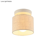 Sleek Mini Barrel Ceiling Flush Light For Foyer - Semi Mount Simplicity Fabric 1 Bulb Flaxen/White