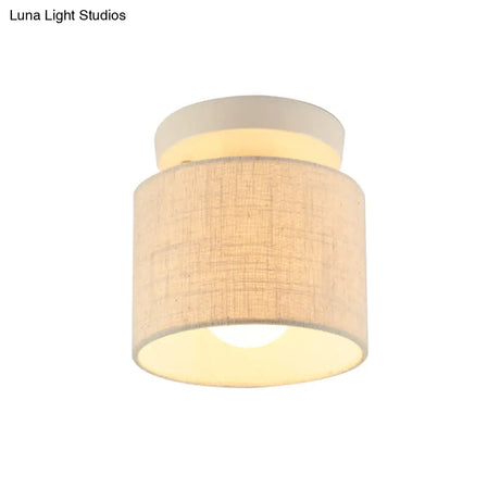Sleek Mini Barrel Ceiling Flush Light For Foyer - Semi Mount Simplicity Fabric 1 Bulb Flaxen/White