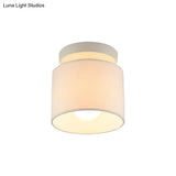 Sleek Mini Barrel Ceiling Flush Light For Foyer - Semi Mount Simplicity Fabric 1 Bulb Flaxen/White