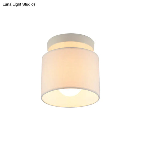 Sleek Mini Barrel Ceiling Flush Light For Foyer - Semi Mount Simplicity Fabric 1 Bulb Flaxen/White
