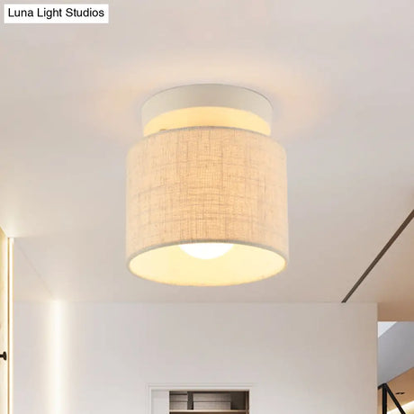 Sleek Mini Barrel Ceiling Flush Light For Foyer - Semi Mount Simplicity Fabric 1 Bulb Flaxen/White