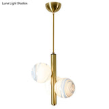 Sleek Minimalist Glass Chandelier - Modern Linear Fixture With 3 Spherical Frosted Lights