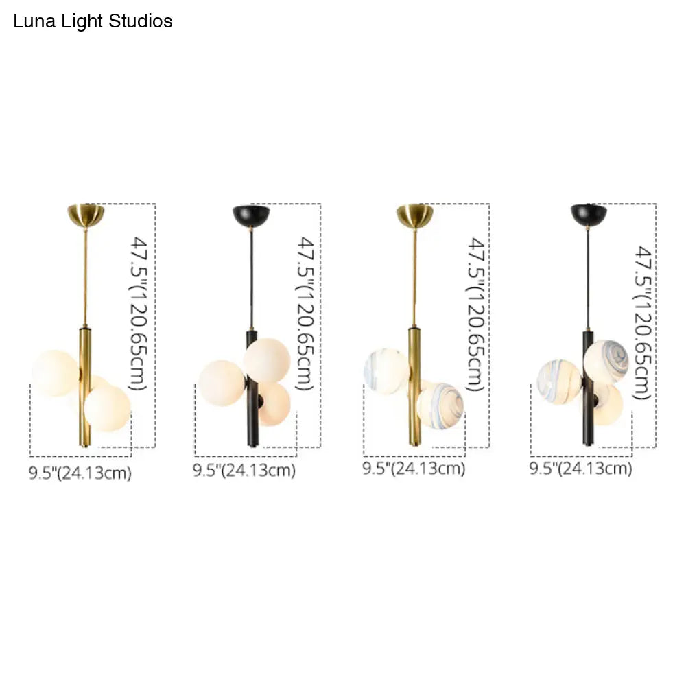 Sleek Minimalist Glass Chandelier - Modern Linear Fixture With 3 Spherical Frosted Lights