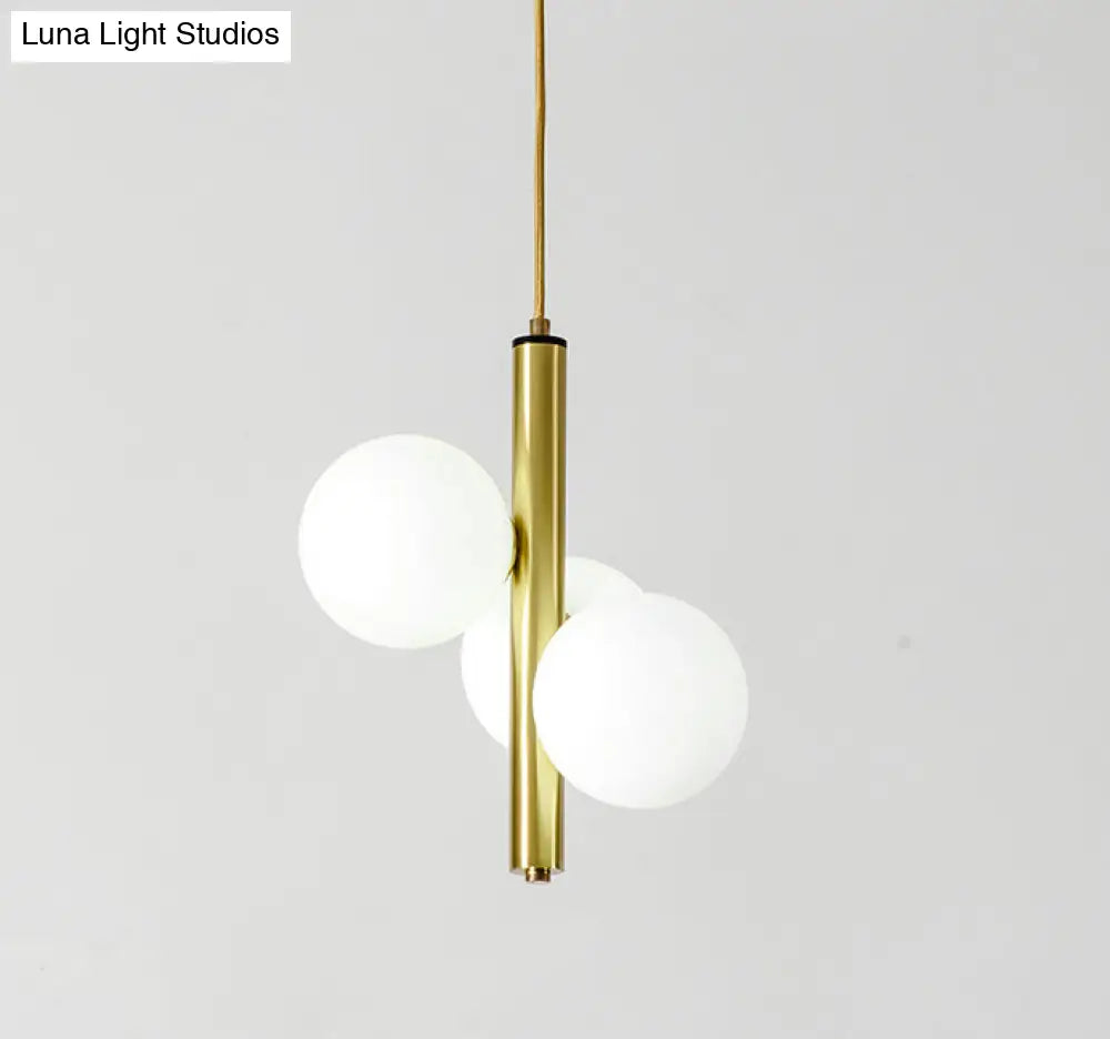 Sleek Minimalist Glass Chandelier - Modern Linear Fixture With 3 Spherical Frosted Lights