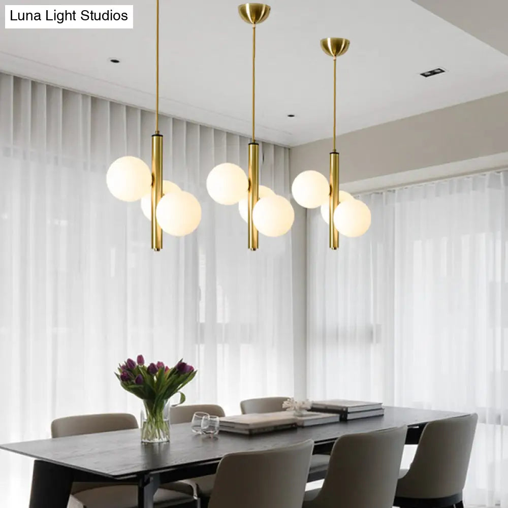 Sleek Minimalist Glass Chandelier - Modern Linear Fixture With 3 Spherical Frosted Lights