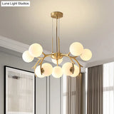 Sleek Modern Brass Pendant Chandelier With 10 White Glass Bulbs For Bedroom Ceiling - Antler Arm