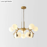 Sleek Modern Brass Pendant Chandelier With 10 White Glass Bulbs For Bedroom Ceiling - Antler Arm