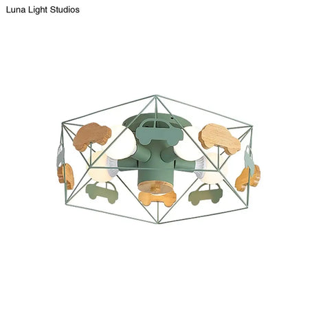 Sleek Pentagon Frame Semi-Mount Metal Lighting Macaron In Grey/Green/Pink Finish – 5 Bulbs