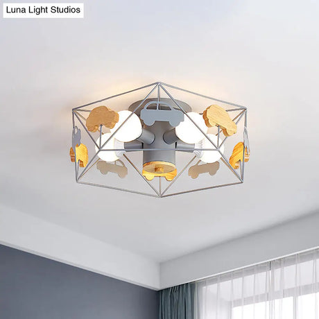 Sleek Pentagon Frame Semi-Mount Metal Lighting Macaron In Grey/Green/Pink Finish – 5 Bulbs