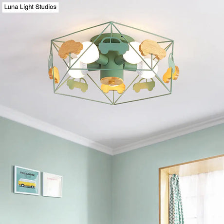 Sleek Pentagon Frame Semi-Mount Metal Lighting Macaron In Grey/Green/Pink Finish – 5 Bulbs