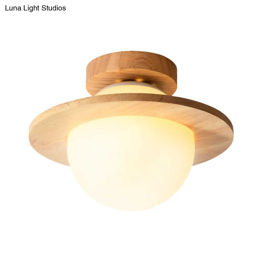 Sleek Semi Flush Mount Ceiling Lamp With Opal Frosted Glass And Wood Banding Belt