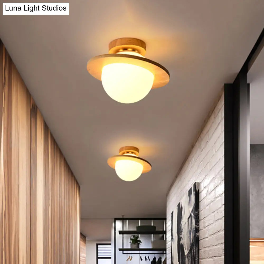 Sleek Semi Flush Mount Ceiling Lamp With Opal Frosted Glass And Wood Banding Belt