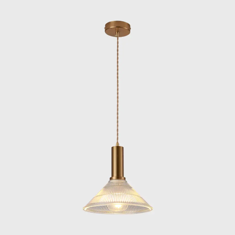 Sleek Single-Bulb Hanging Lamp With Ribbed Glass Shade: Elegant Pendant Light For Bedrooms Brass /