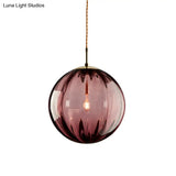Sleek Sphere Pendant Light: Modern Blue/Purple/Smoky Ribbed Glass Led Ceiling Lamp For Bedroom