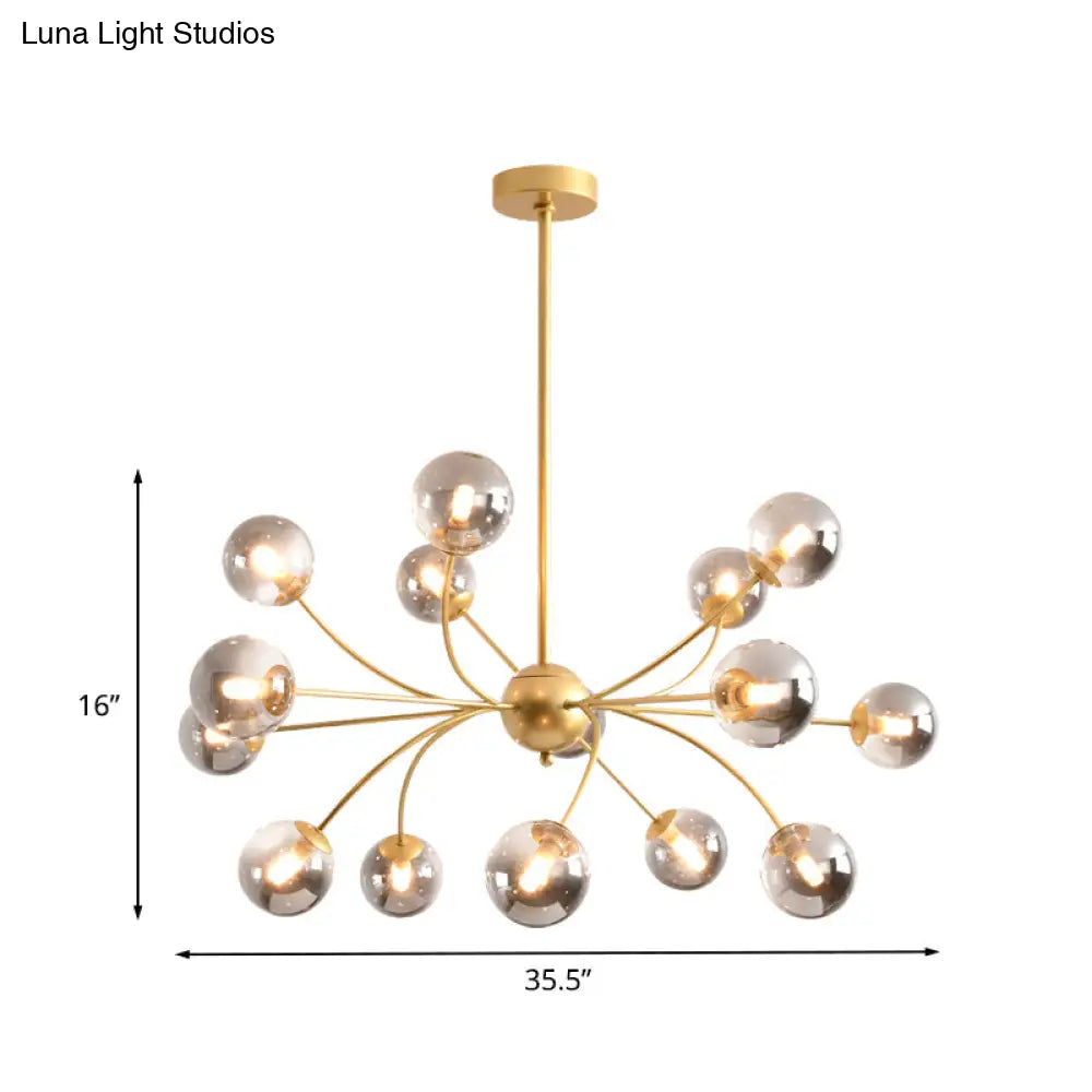 Sleek Spherical Chandelier: Postmodern Smoke Gray/Cognac Glass 15 Bulbs Gold Ceiling Fixture