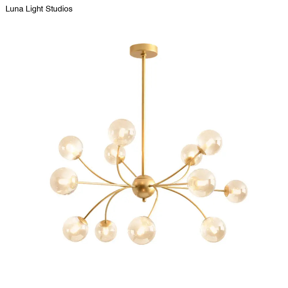 Sleek Spherical Chandelier: Postmodern Smoke Gray/Cognac Glass 15 Bulbs Gold Ceiling Fixture