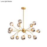 Sleek Spherical Chandelier: Postmodern Smoke Gray/Cognac Glass 15 Bulbs Gold Ceiling Fixture