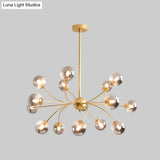 Sleek Spherical Chandelier: Postmodern Smoke Gray/Cognac Glass 15 Bulbs Gold Ceiling Fixture