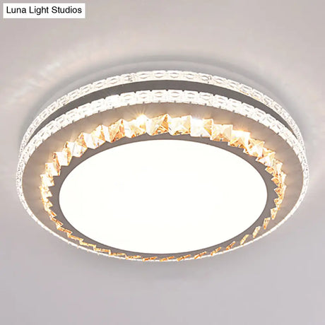Sleek Stainless - Steel Drum Led Flush Mount Light With Crystal Accent – Perfect For Bedrooms