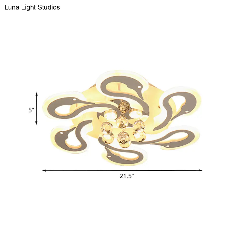 Sleek Swan Shape Semi Mount Led Flush Ceiling Lamp With Crystal Droplet - Modern Acrylic 6-Heads