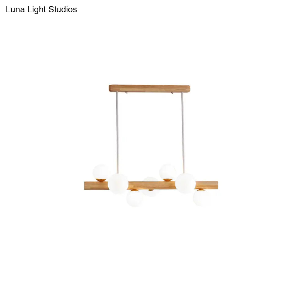 Sleek Wooden Led Ceiling Light: Linear Dining Room Island Chandelier With Cream Glass Shade