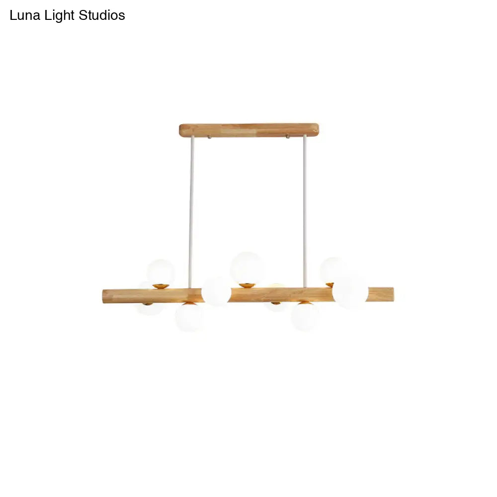 Sleek Wooden Led Ceiling Light: Linear Dining Room Island Chandelier With Cream Glass Shade