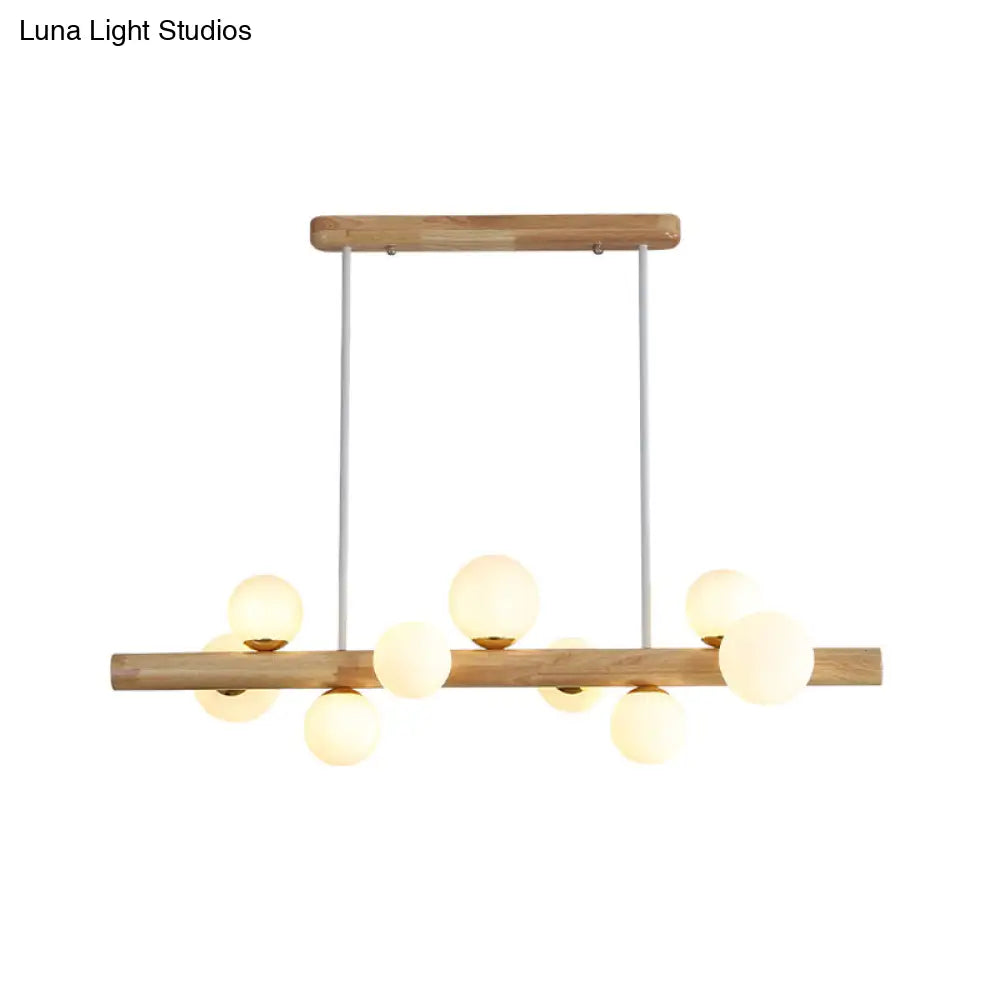 Sleek Wooden Led Ceiling Light: Linear Dining Room Island Chandelier With Cream Glass Shade