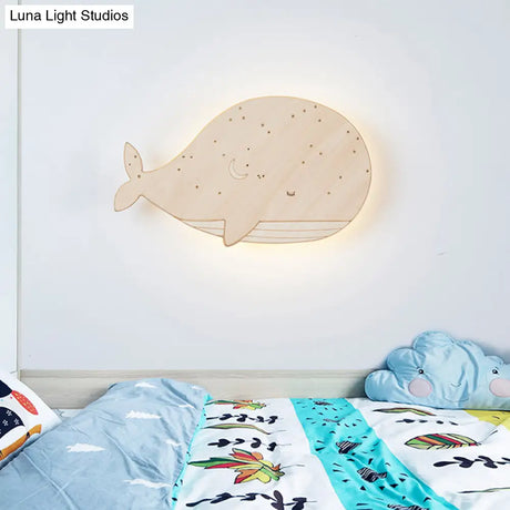 Sleeping Whale Led Flush Mount Light Fixture For Kindergarten Beige Wood Cartoon Design (Left/Right)
