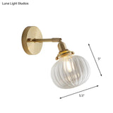 Small Brass Pumpkin Wall Lamp With Clear Ribbed/Blue Glass - Bedroom Lighting Adjustable Joint