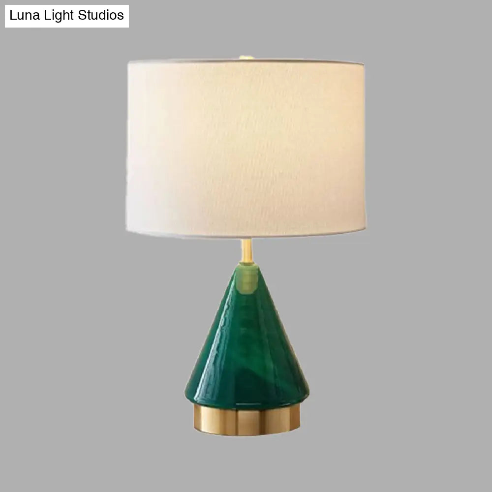 Small Desk Lamp: Contemporary Green Cylinder With Fabric Shade - 1 Bulb Task Lighting
