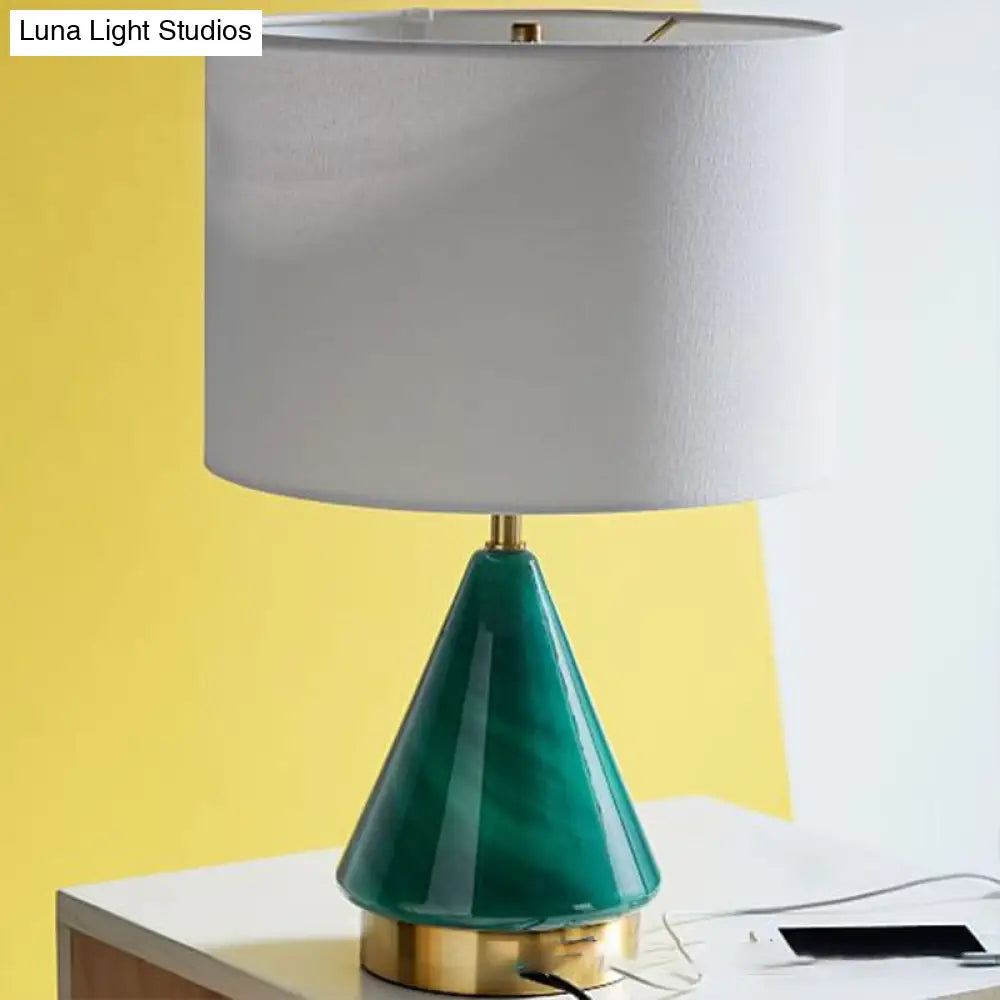 Small Desk Lamp: Contemporary Green Cylinder With Fabric Shade - 1 Bulb Task Lighting