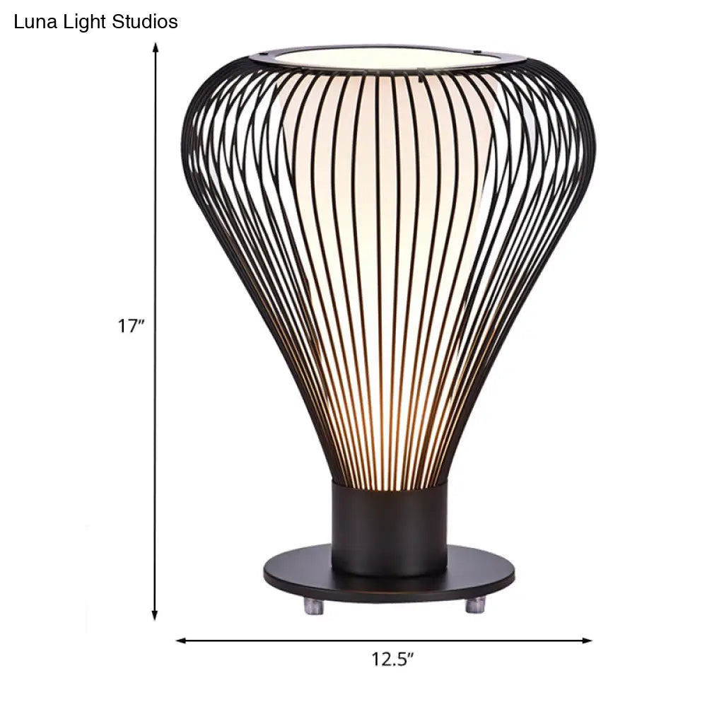 Small Desk Lamp With Led Reading Light Modern Iron Pear Cage Design Black Finish Cone White Glass