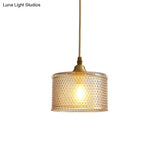 Small Drum Bedside Pendant Light With Simple Latticed Glass And Brass Pendulum