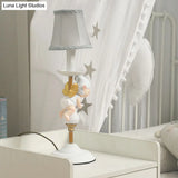 Small Elf Base Bedside Desk Light For Kids With White And Gold Empire Shade