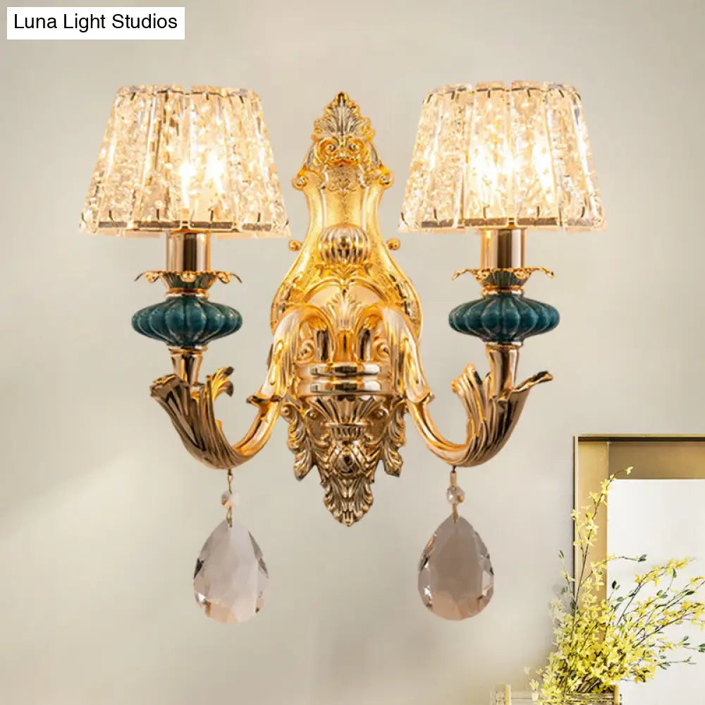 Small Gold Drum Wall Mount Traditional Seedy Crystal Bedroom Lamp Fixture
