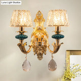 Small Gold Drum Wall Mount Traditional Seedy Crystal Bedroom Lamp Fixture