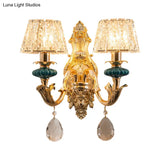 Small Gold Drum Wall Mount Traditional Seedy Crystal Bedroom Lamp Fixture