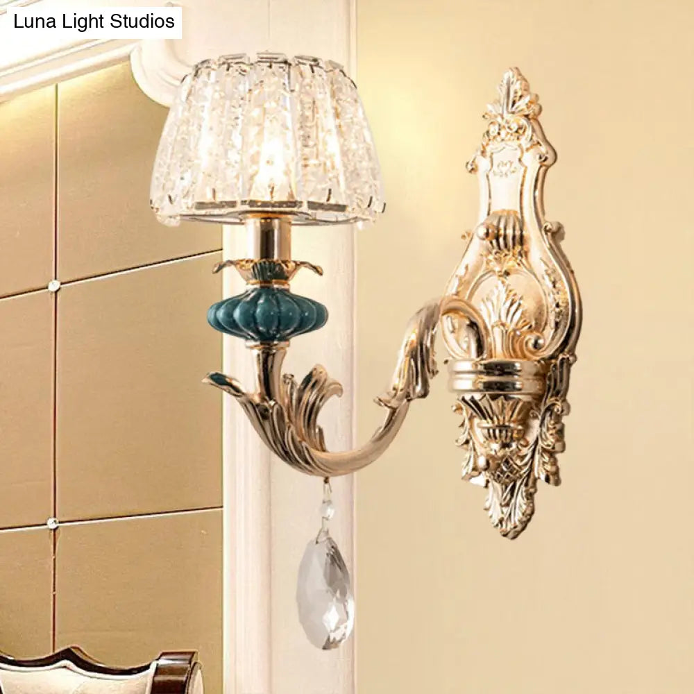 Small Gold Drum Wall Mount Traditional Seedy Crystal Bedroom Lamp Fixture