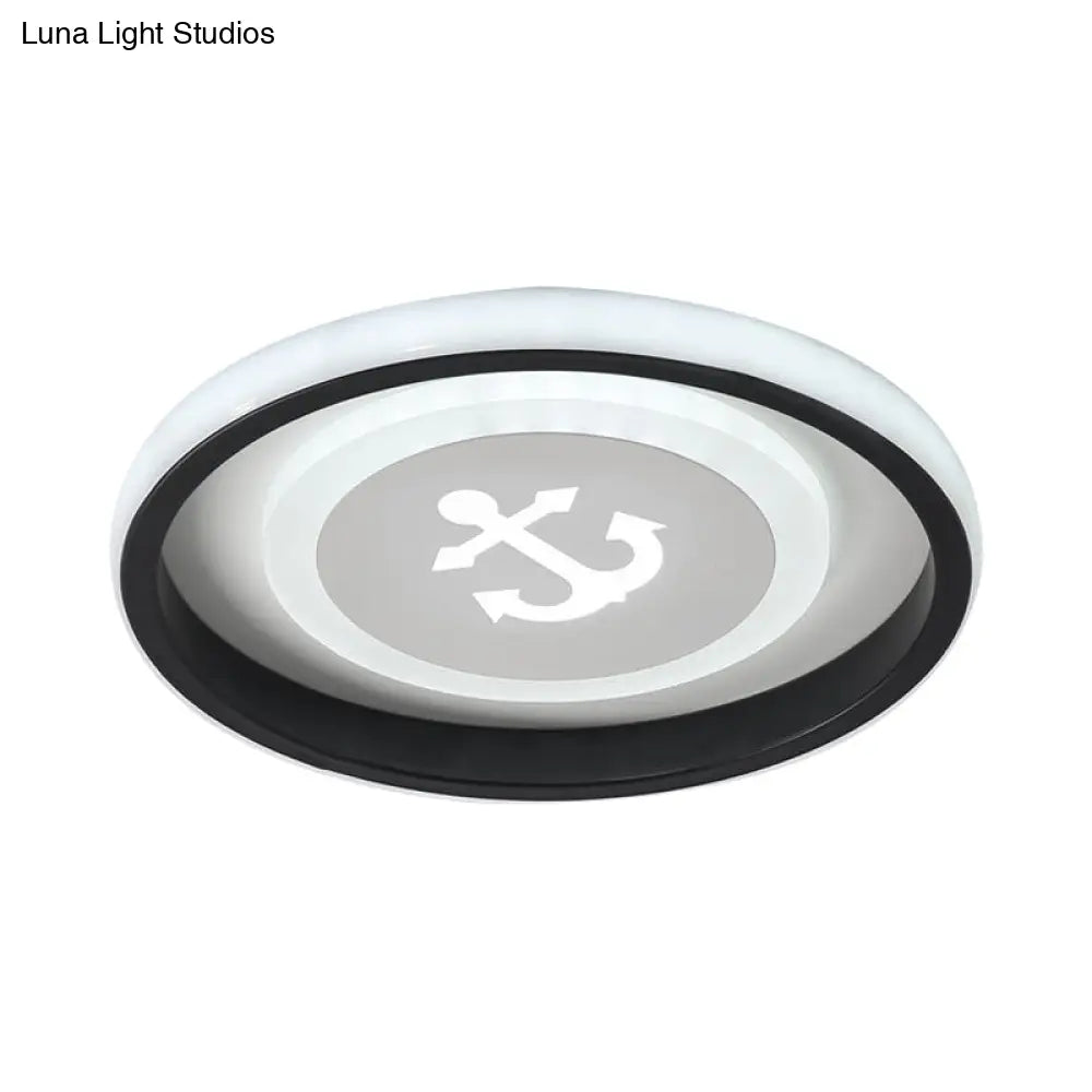 Smile/Anchor/Panda Pattern Circular Led Flush Ceiling Mount Lamp In Cartoon Acrylic Black