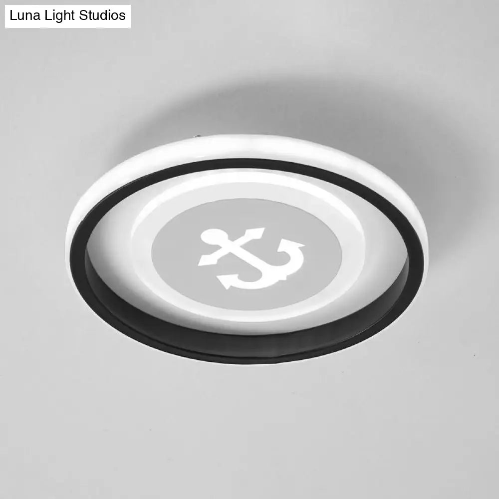 Smile/Anchor/Panda Pattern Circular Led Flush Ceiling Mount Lamp In Cartoon Acrylic Black