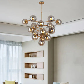 Smoke Glass Grape Chandelier - 19 Heads Pendant Light In Brass For Hotels Gray