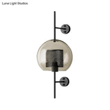 Smoke Gray Glass Colonial Sphere Wall Sconce - Black Finish Cylinder Wire Mesh Inside 8/10 Wide