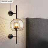Smoke Gray Glass Colonial Sphere Wall Sconce - Black Finish Cylinder Wire Mesh Inside 8/10 Wide