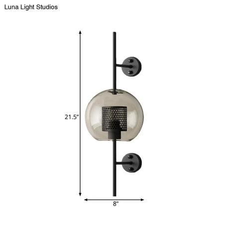 Smoke Gray Glass Colonial Sphere Wall Sconce - Black Finish Cylinder Wire Mesh Inside 8/10 Wide